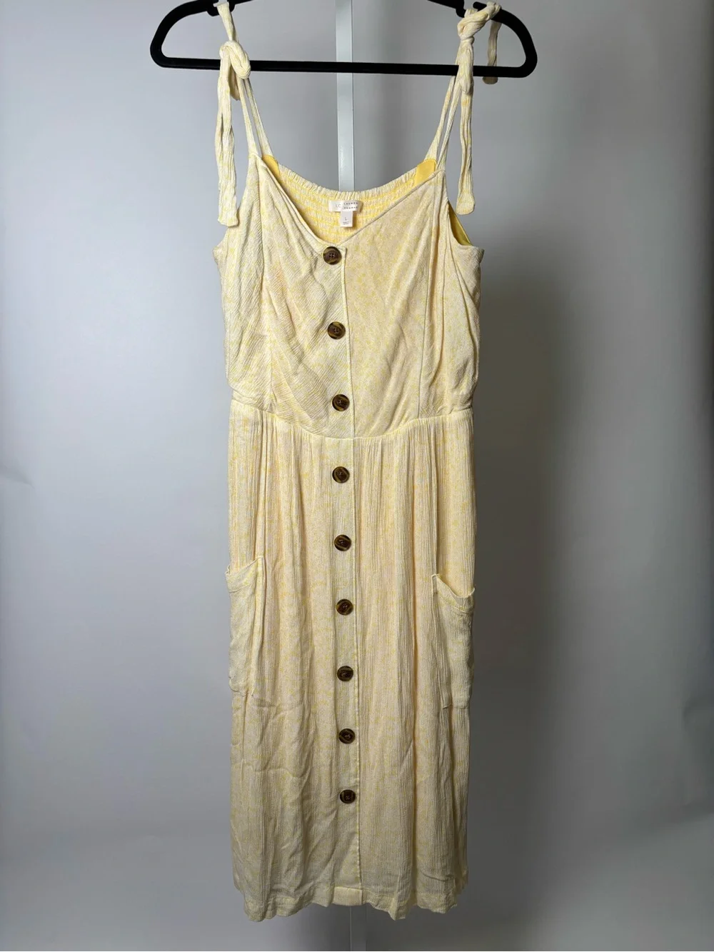 LC Lauren Conrad Soft Yellow Button-Front Midi Dress with Tie Straps #P027